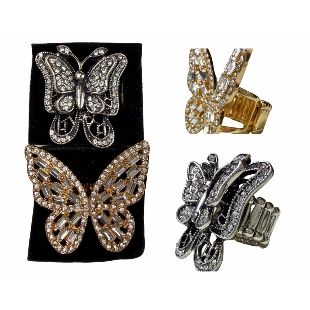Paparazzi Butterfly Stretch Ring Lot Of 2 Rhinestone Gold Silver Free To Fly